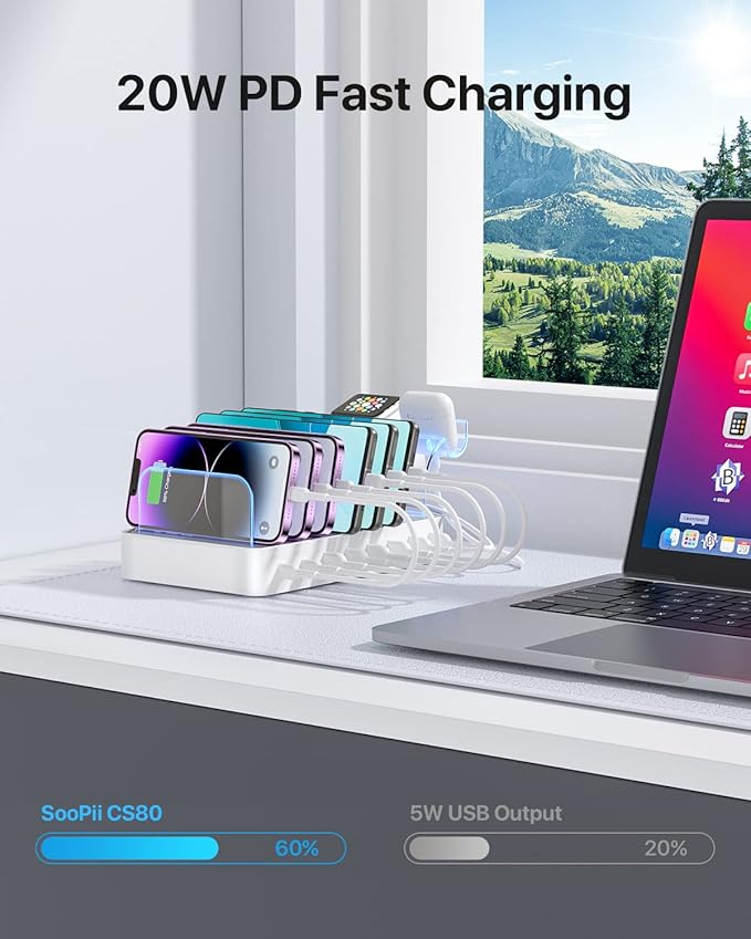 SooPii 8-Port USB-C Charging Station for Multiple Devices, with 1 PD 20W Port Supports Fast Charging, 8pcs Mixed Charging Cables and 1pcs Upgraded Holder for lWatch Charger & Air-Pods, White