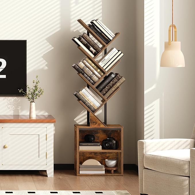 RALGEND Tree Bookshelf, 6 Tier Bookcase with 2 Storage Racks, Free Standing Tall Wooden Bookcase, Floor Standing Book Shelf Organizer for Living Room, Bedroom, Study, Home Office, Rustic Brown