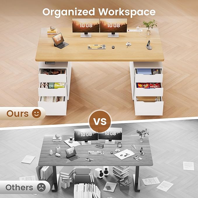 SEDETA Electric Standing Desk with 6 Drawers, 55" Adjustable Stand up Desk with Storage, Computer Desks with Power Outlets for Home Office, White + Oak