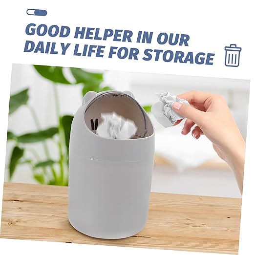 Alipis Cute Cartoon Bear Desktop Trash Can Lid Mini Waste Bin for Bedroom and Office Slim Plastic Garbage Container