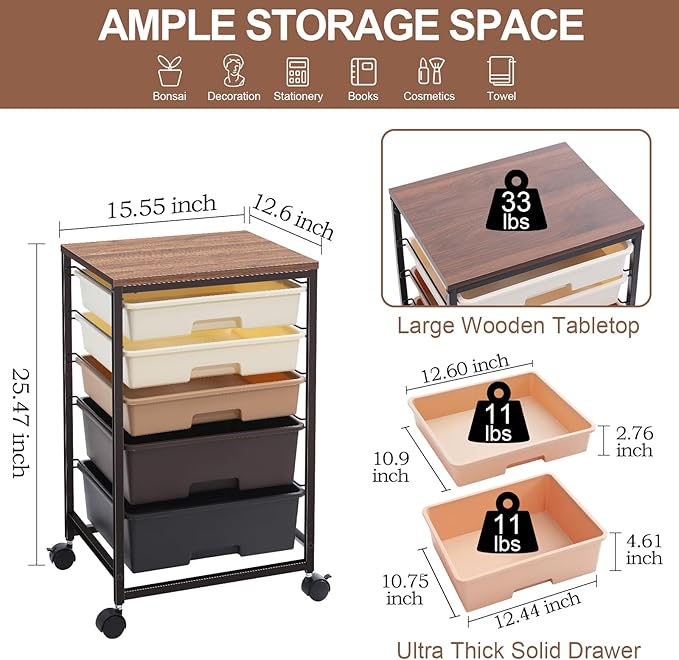 SYKIARIOL Utility Cart with 5 Drawers,Storage Drawer Cart with Wooden Tabletop and Lockable Wheels,Craft Storage Trolley Cart,5-Tier Rolling Utility Cart on Wheels,Dark Brown