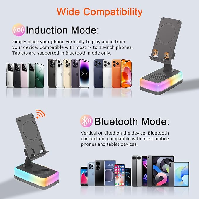 Wireless Induction Speaker with 180° Flexible Phone Stand, Bluetooth 5.3 Speaker for Desk with 3000mAh Emergency Power Bank, 5 in 1 Phone Speaker Amplifier with RGB Light, Gift for Men Women (Black)