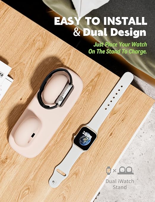 ELETIUO Dual Charger Stand Compatible with Apple Watch Series 49/46/45/44/42/41/40/38mm iWatch Ultra2/Ultra/10/9/8/SE2/7/6/SE/5/4/3/2/1,Silicone Dock Organizer Supports Night Stand Mode,Pink