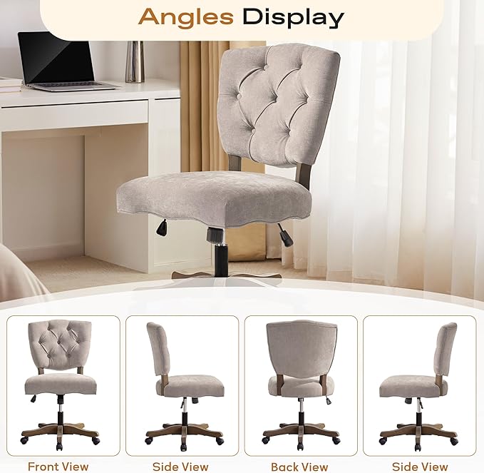HUIMO Upholstered Swivel Desk Chair Chenille Tufted Fabric Home Office Chair with Wheels Adjustable Height Classic Task Chair with Wooden Legs Comfortable Armless Chair for Studio Study (Brown)