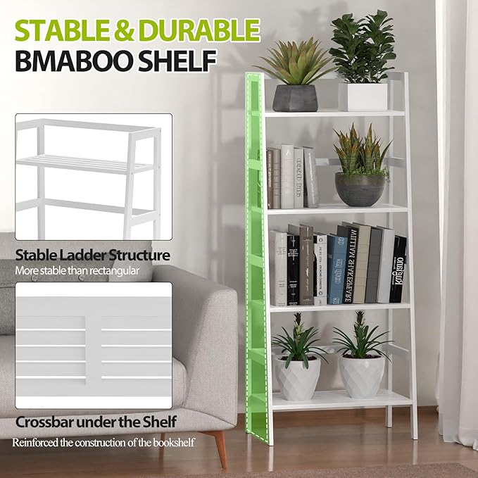Bamboo White Bookshelf, 4-Tier Ladder Shelf Freestanding Space Saver Open Bookcase Book Shelf, Bamboo Storage Shelving Unit Flower Plant Stand for Living Room, Bathroom, Home Office