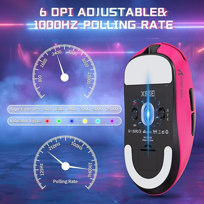 ATTACK SHARK X8SE Wireless Gaming Mouse,Adjustable 25K DPI PAW3311 Optical Sensor,Ergonomic 59g Lightweight,Triple Modes 2.4G/BT/USB-C Wired,500mAH Battery,5 Programmable Buttons for PC/Mac-Red