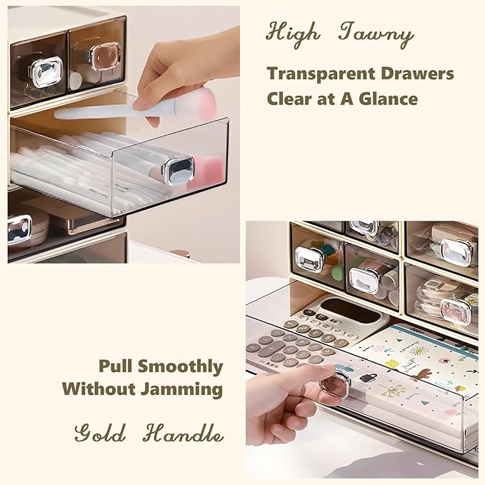 Spacious Desktop Storage Box, 1 Large 1 Middle & 2 Small Storage Drawers, Stackable Office Desk Drawer Organizer and Accessories, Printer Paper Organizer, Cream Plastic Drawers for Workspace