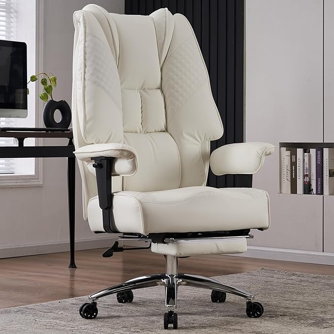 EXCEBET Big and Tall Office Chair 400lbs Wide Seat, Leather High Back Executive Office Chairs with Foot Rest, Ergonomic Lumbar Support for Lower Back Pain Relief (White)