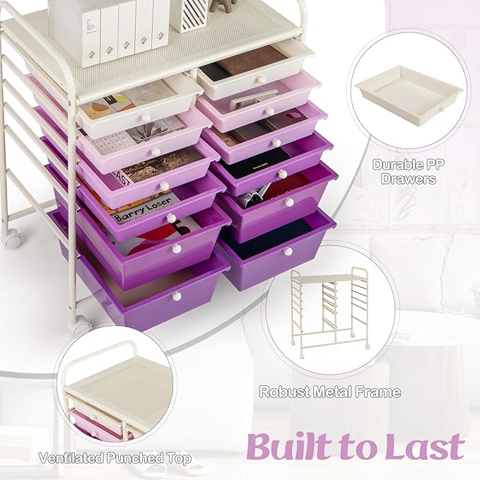 Moccha 12-Drawer Rolling Storage Cart - Utility Cart on Wheels with Lockable Casters for Craft Art Supply Paper Salon, Mobile Drawer Carts for Classroom Teacher School Office (Gradient Purple)