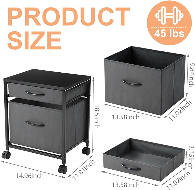 AceOrbit Printer Stand Rolling Mobile File Cabinet Cart with 2 Fabric Drawers A4 Letter Size Beside, Vertical Filing Cabinet on Lockable Wheel with Storage Under Desk for Home Office(Gray)