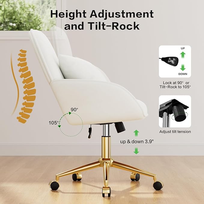 Home Office Desk Chair Comfy with Adjustable Swivel Wheels, Modern Velvet Makeup Vanity Chair with Back & Pillow, Ergonomic Office Chair Computer Task Chair for Living Room, Bedroom, White