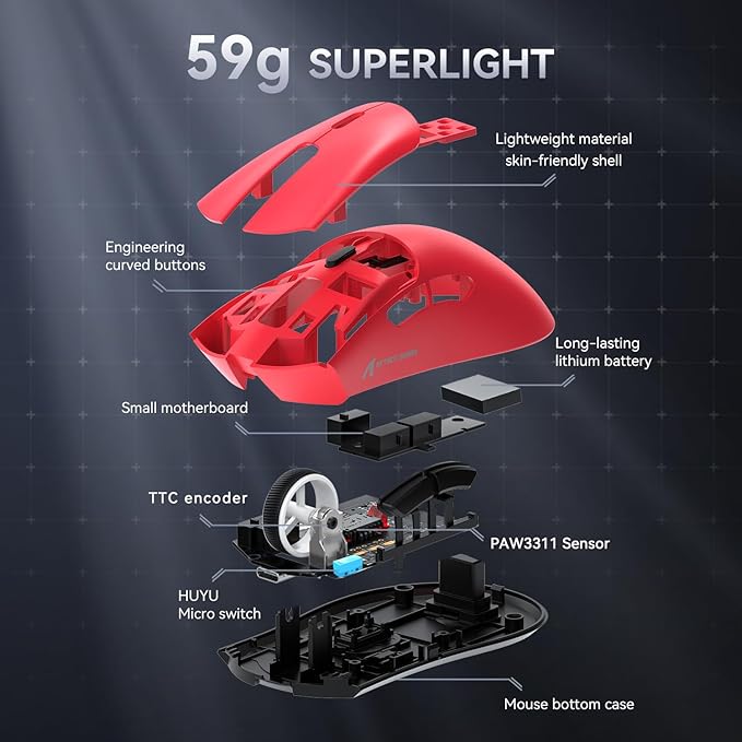 MAMBASNAKE Attack Shark R1 Wireless Gaming Mouse,PAW3311 Optical Sensor 18K DPI,59g Ultralight 2.4Ghz/BT/Wired Computer Mice for Win/Mac - Red