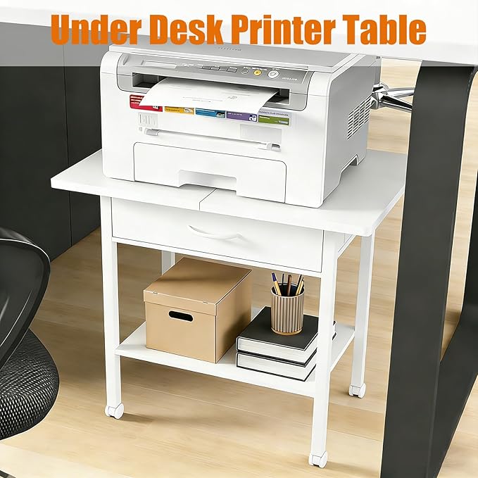 22" x 15" Under Desk Rolling Printer Stand, 2-Tier Industrial Mobile Printer Table with Strong Fabric Drawer, Storage Shelf, Steel Frame and Lockable Wheels, Printer Cart for Home Office (White)