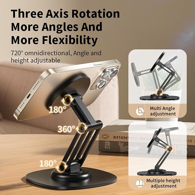 Magnetic Phone Stand for Desk 360 Rotating Adjustable Foldable Aluminum for MagSafe Cell Phone Stand Holder with Non-Slip Base Desk Stand for iPhone 17 16 Pro Max/15/14/13/12 Plus Air (White)