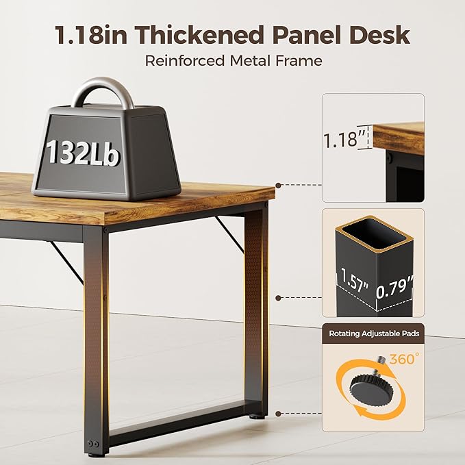 Mericonia 63 Inch Large Computer Desk with Power Outlets, 1.2" Thick Heavy Duty Industrial Office Desk, Modern Simple Study Writing Table for Home Office Bedroom Workstation, Brown