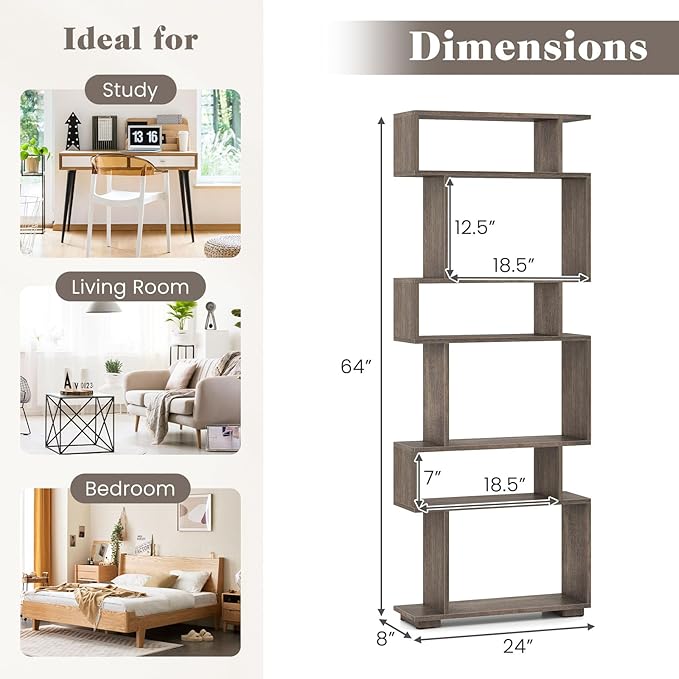 Giantex 6-Tier Geometric Bookshelf, S-Shaped Bookcase with 2 Anti-Tipping Kits, Wooden Display Shelf, Decorative Storage Shelving Unit, Home Storage Organizer for Office Living Room (1,Oak Grey)