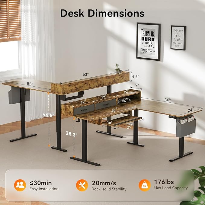 WALKINGDESK 63 Inches Height Adjustable L Shaped Standing Desk with 2 Drawers and Keyboard Tray, Electric Sit to Stand Home Office Comupter Table, Ergonomic Corner Gaming Desk, Rustic Brown