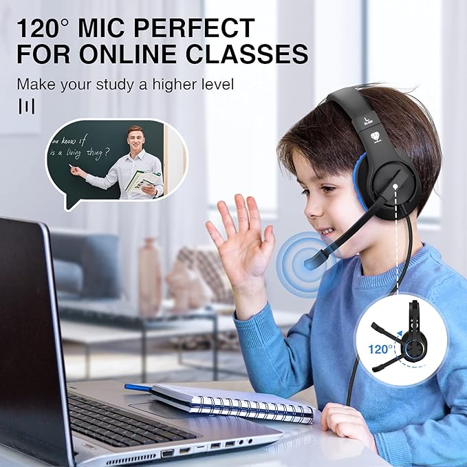 BlueFire Kids Headphones for Online School, Children, Teens, Boys, Girls, 3.5mm Stereo Over-Ear Gaming Headphone with Microphone and Volume Control for PS4, PS5, New Xbox One（Blue）