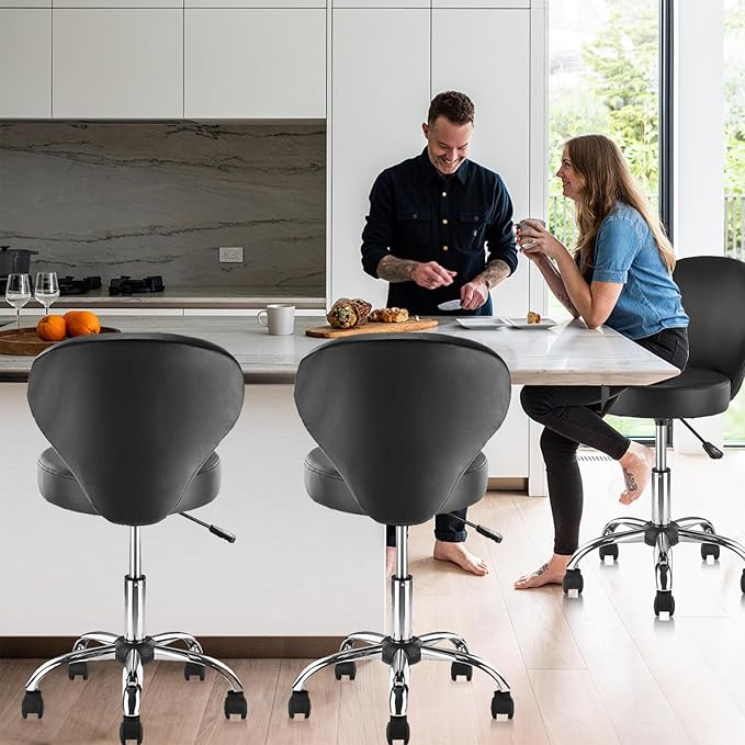 KLASIKA Pu Leather Round Rolling Swivel Salon Stool Chair, with Adjustable Height and Back Support for Office Massage Facial Spa Medical Drafting Tattoo Beauty Barber Black 4PK
