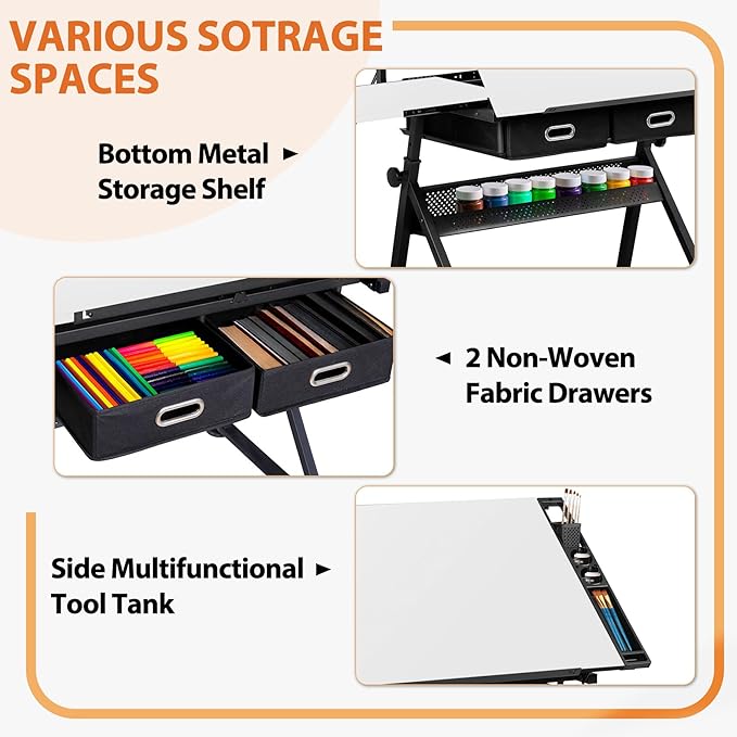 JupiterForce Drafting Table Art Desk w/Power Outlet and Stool, Adjustable Tilting Drawing Table Artist Desk with 2 Storage Drawers, Art Craft Work Station for Home Office Working, Writing, Crafting
