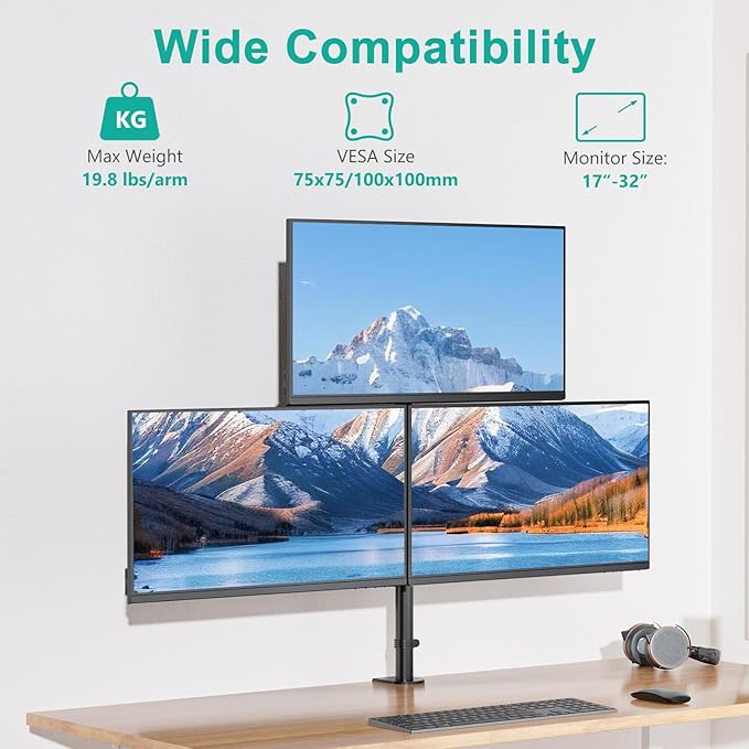 WALI Triple Monitor Mount for 13-34 inch Screens, Taller 3 Monitor Desk Mount, up to 19.8lbs, 31.9 inch Height Max, Adjustable Triple Monitors Stand, VESA 75/100mm (GSDM003S), Black