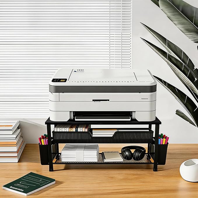 Printer Stand for Desk with Storage, Desk Organizer with Drawer and Pen Holder, Printer Table for Home Office, Multi-Purpose for Home Printer, Fax Machine, Scanner, Die-Cut Machine (Black)