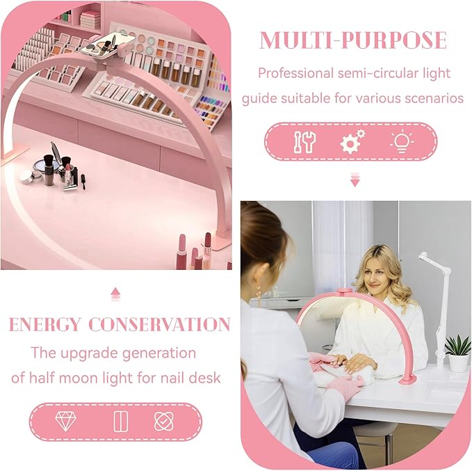 Kadden Foldable Large Half Moon LED Light for Table Nail Desk with Phone Stand, Upgrade Arch Light for Nail Techs with Wire Controller for Manicure Tattoo Beauty (Pink, Large)
