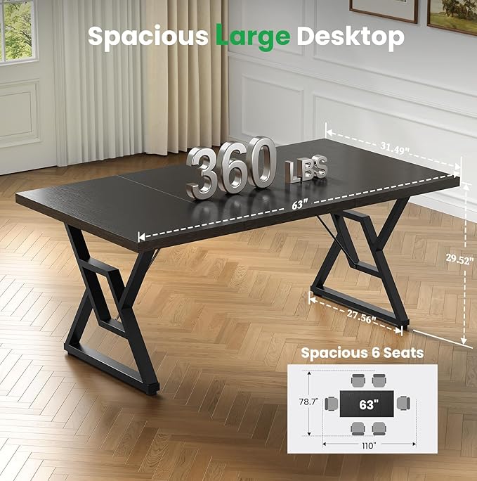 OHOHOLIVE 63" Large Executive Desk - Computer Office Desk Workstation, Modern Business Writing Table with Sturdy Metal Legs for Home Office (Black/Black)