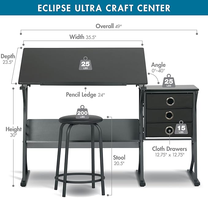 2 Piece Eclipse Ultra Center/Drawing Table with Stool, Angle Adjustable Top, Storage Shelves, and Drawers