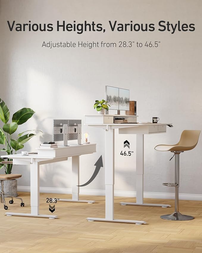 CubiCubi 55" x 30" Standing Desk with Drawers, Height Adjustable Electric Workstation, Computer Sit Stand Up Table with Large Storage Shelf 4 Drawers and 2 Hooks, White