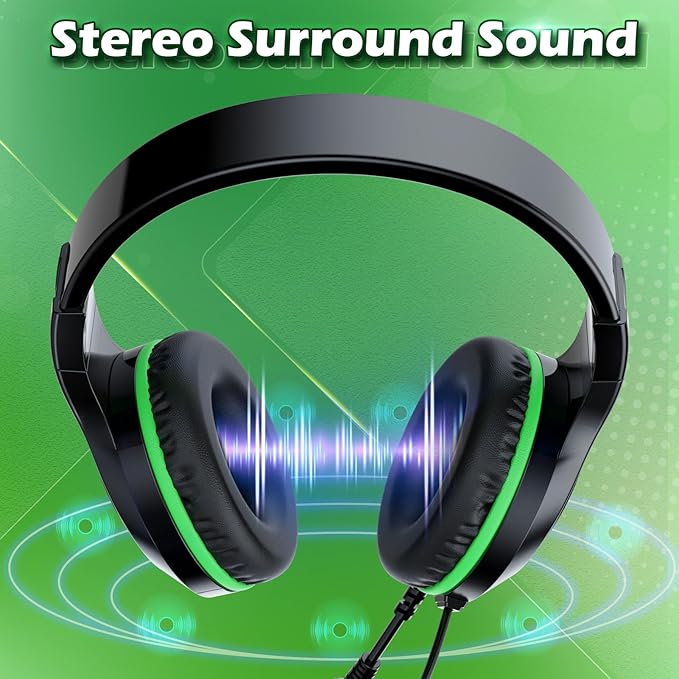 H-10 Gaming Headset for PS4, Xbox One, PC, PS5, Nintendo Switch, Stereo Wired Noise Cancelling Over Ear Headphones with Mic for Kids Adults, Bass Surround, Soft Memory Earmuffs, Green