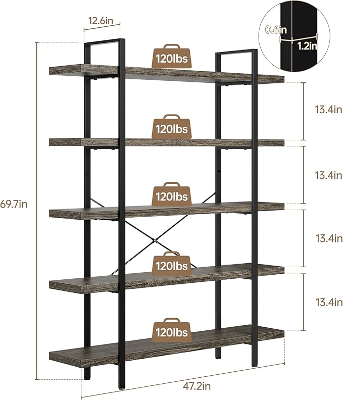OtterOasis Bookshelf Set, Heavy Duty 5-Tier Industrial Bookcase, 47" Wide Wood Bookshelf for Home Office, 120lbs Shelf Capacity, Rustic Open Display with Horizontal Shelf for Living Room Bedroom, Grey