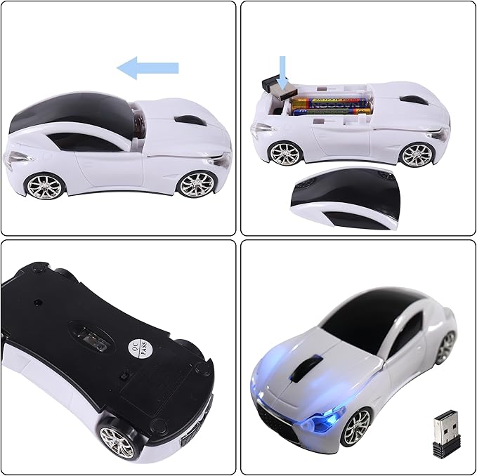 elec Space Wireless Mouse, Cool Car-Shape Wireless Mouse with LED Headlights, 2.4G Unique Car Mouse for Kids with USB Receiver, 1600 DPI Cute Gaming Mouse for Laptop PC Computer-White