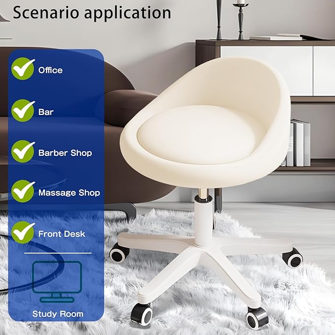 Swivel Rolling Stool with Wheels, Height Adjustable PU Leather Drafting Chair, Round Seat for Salon, Spa, Tattoo, Office, Home Use Beige Set of 1
