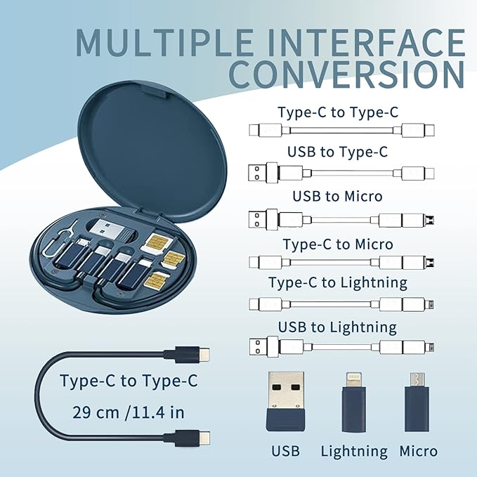 9 in 1 Cable Case USB Adapter Cable Conversion Storage Box, USB Type C to Micro USB/Lightning/USB A Cable Data Transfer Tool Contains Sim Card Slot Tray Eject Pin, Use as Phone Holder