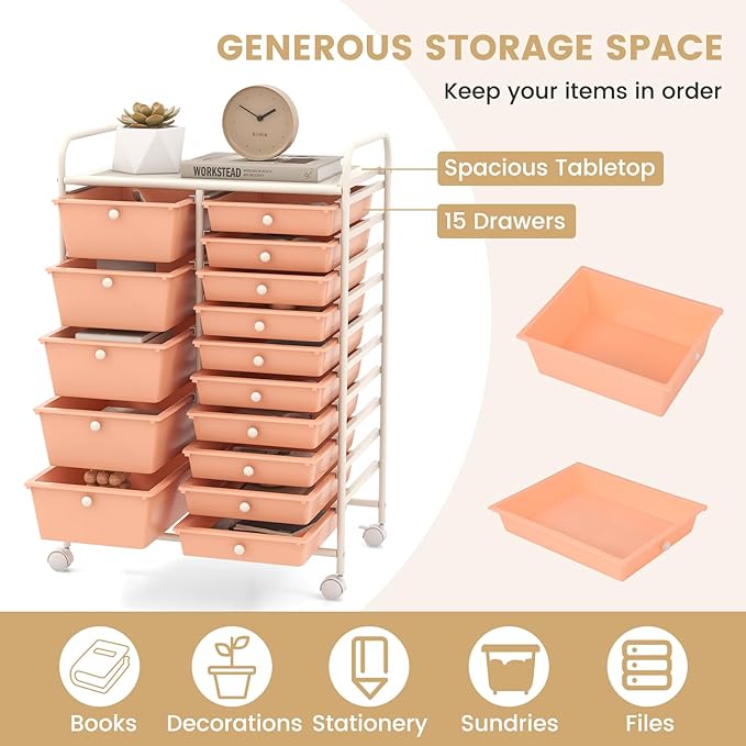 Moccha 15-Drawer Rolling Storage Cart - Under Desk Storage Drawers with wheels for Craft Art Supply Paper Salon, Scrapbook Paper Tools, Mobile Utility Cart for Classroom (15 Drawers, Peach)