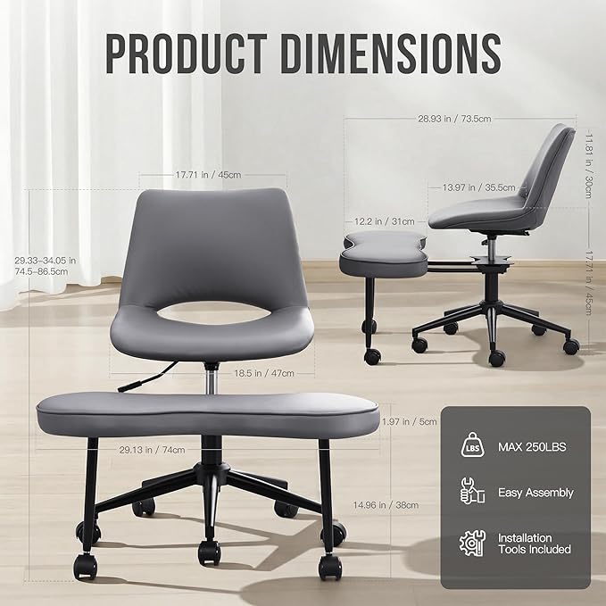Ergonomic Cross Legged Office Chair with Wheels, 360° Swivel ADHD Chairs for Adults, Height Adjustable Seat for Meditation, Yoga - Wide Criss Cross Chair with Lumbar Support, Kneeling Chair, Grey
