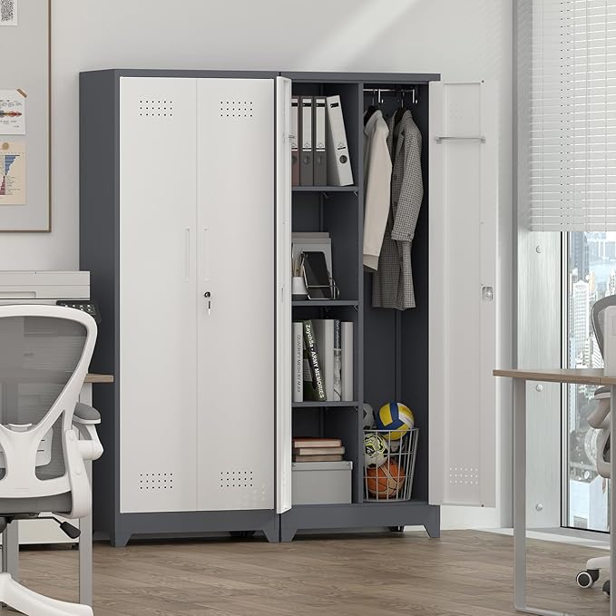 IRONFFICE Metal Storage Cabinet with Lock,65" H Laundry Room Cabinets with Pegboard,Locking Metal Cabinet Heavy Duty for Garage Office,School,Warehouse,Grey-White