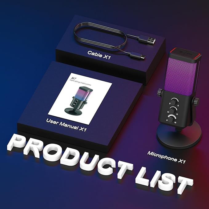 XTUGA M7 Dynamic Microphone for Gaming Streaming with RGB Light,Computer Condenser Mic Noise Reduction Real-Time Monitoring for Podcast,Studio,PC,PS5,Mac,YouTube