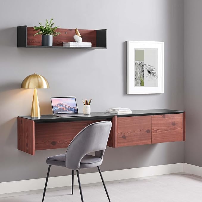 Modway EEI-6311-BLK-CHE Kinetic 38" Wall-Mount Office Desk with Cabinet and Shelf, Black Cherry