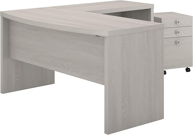 Bush Business Furniture Office by Kathy Ireland® Echo L Shaped Bow Front Desk with Mobile File Cabinet in Gray Sand