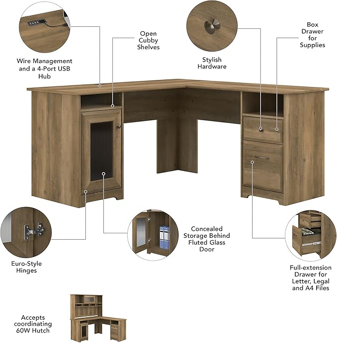 Bush Furniture Cabot 60W L Shaped Computer Desk with Hutch and Lateral File Cabinet in Reclaimed Pine