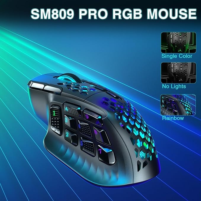 SOLAKAKA SM809 Pro Gaming Mouse with 9 Side Buttons,24000 DPI RGB Mouse for Gamer,16 Programmable Macros MMO Mouse,Black