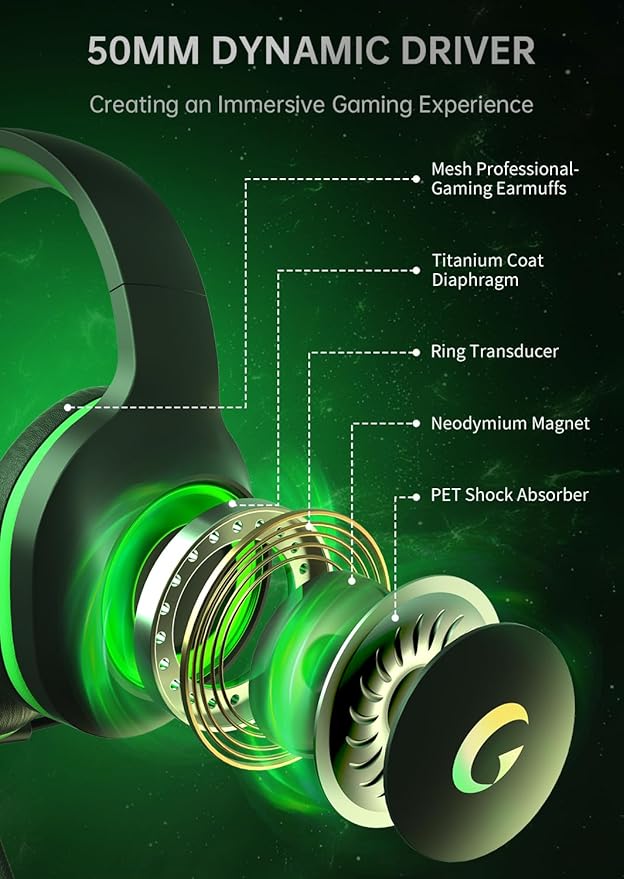 syndesmos CM7002 Gaming Headset for PS5, PS4, PC, Mac, Switch, Xbox Series, Surround Sound RGB Gaming Headphones with Noise Canceling Microphone, 50MM Dynamic Drivers, 3.5MM Audio Jack, Black Green
