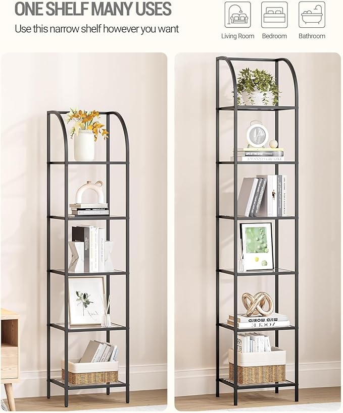Hzuaneri Bookcase Bookshelf, Tempered Glass Arched Bookshelf for More Storage, Slim Shelving Unit for Bedroom, Bathroom, Home Office, Steel Frame, 6 Tier Black BC20699B