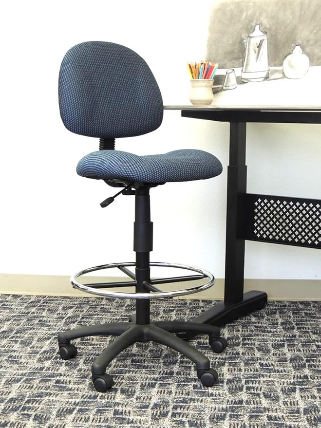 BOWERY HILL Rolling Drafting Stool, Blue Tweed Fabric Upholstery, Contoured Seat and Back, Adjustable Height 26.5-31.5 in, Chrome Foot Ring, 250 lb Capacity, Dual Wheel Casters, Home or Office Use