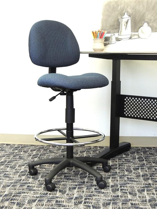BOWERY HILL Rolling Drafting Stool, Blue Tweed Fabric Upholstery, Contoured Seat and Back, Adjustable Height 26.5-31.5 in, Chrome Foot Ring, 250 lb Capacity, Dual Wheel Casters, Home or Office Use