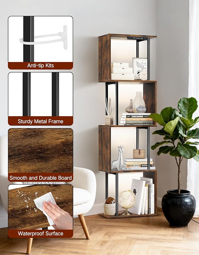 5 Tier S-Shaped Geometric Bookshelf with LED Light, 3 Color Temperatures, Touch & Remote Control, Dimmable Standing Bookcase, Small Display Shelf for Living Room, Bedroom, Office