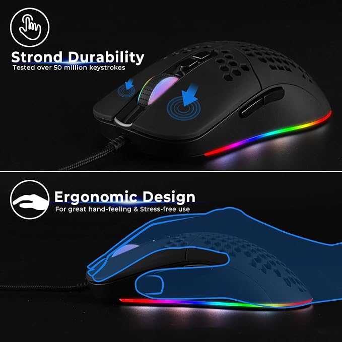 HXMJ Wired USB C Gaming Mice,Lightweight Honeycomb,7200DPI,Corded Mouse with RGB Backlit for Apple MacBook,Tablets,Computer or Laptops with Type C Port