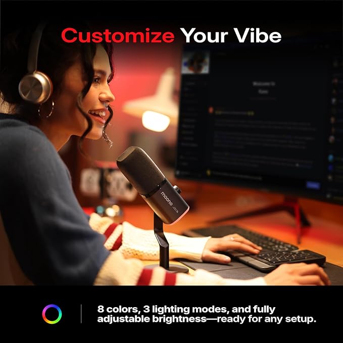 MAONO PD100W USB Wireless Microphone for PC, Gaming Streaming Dynamic Mic with One-Click Noise Reduction,Mute Button,Custom RGB, 3.5mm Headphone Jack, Desktop Podcasting Mic for Computer Phone, Black